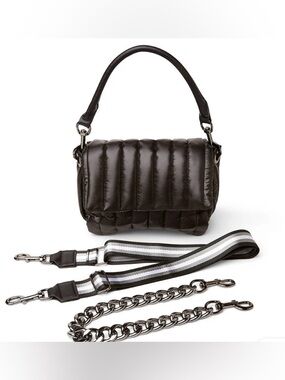 THINK ROYLN Bar Bag in Shiny Black with  Stripe Strap NIB